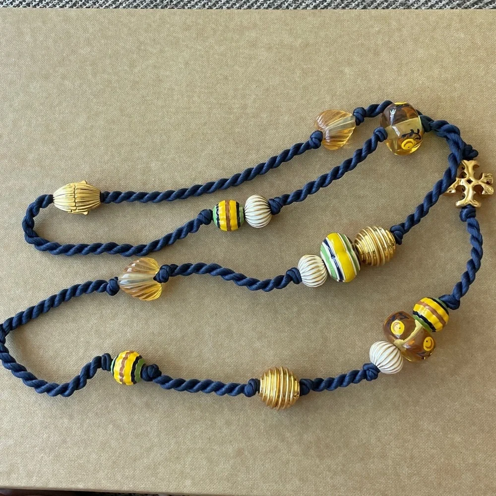 Tory Burch Long Beaded Necklace Silk Cord Gold Beads Statement Layering Necklace